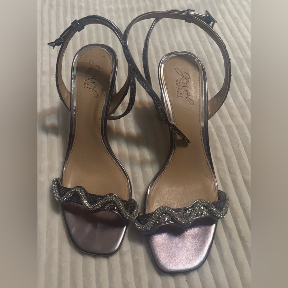 Jewel Badgley Mischka Gemma Sequin Embellished Metallic Strap Block Heel